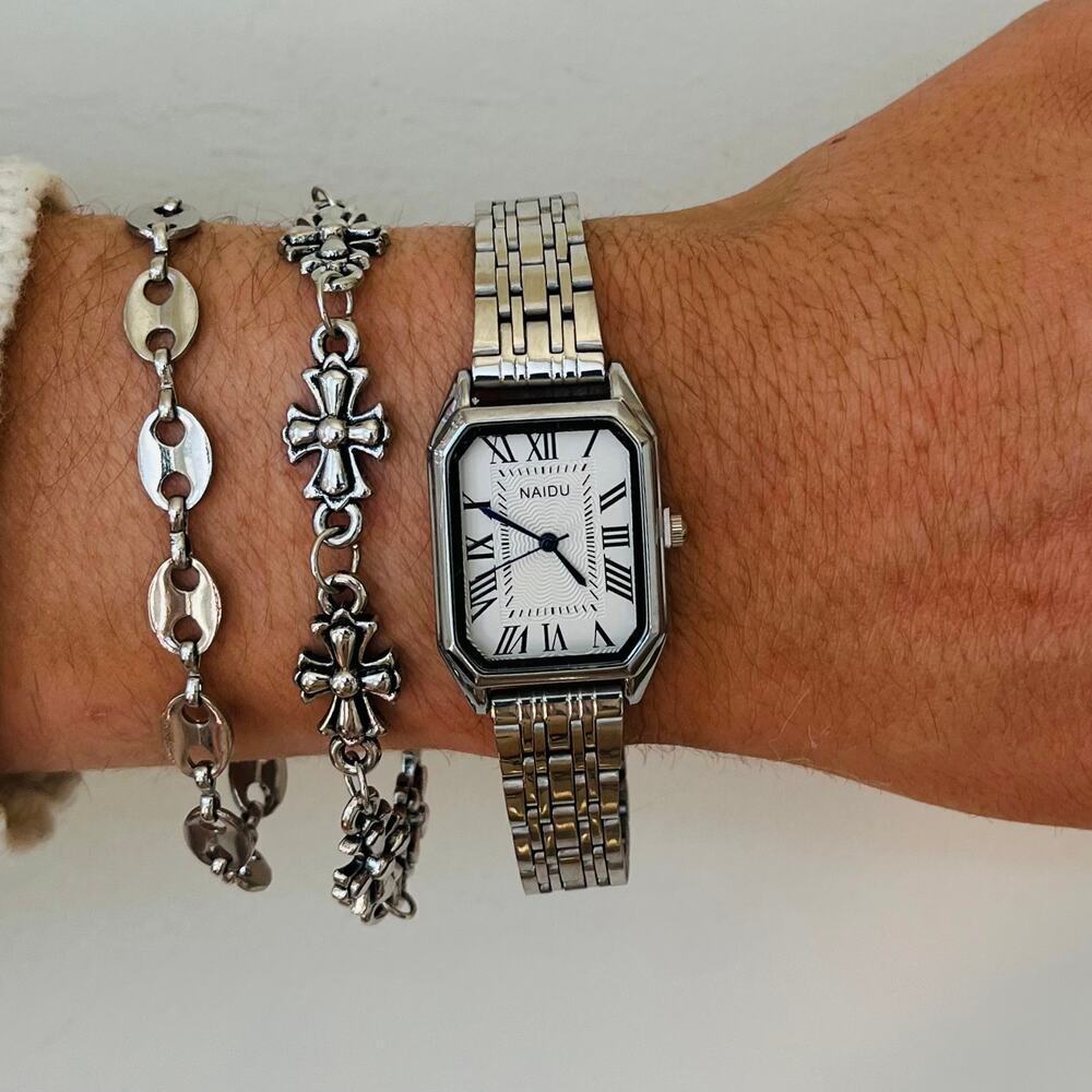 2000s Vintage Rectangle Quartz Watch Unisex Stainless Steel 8.5" New